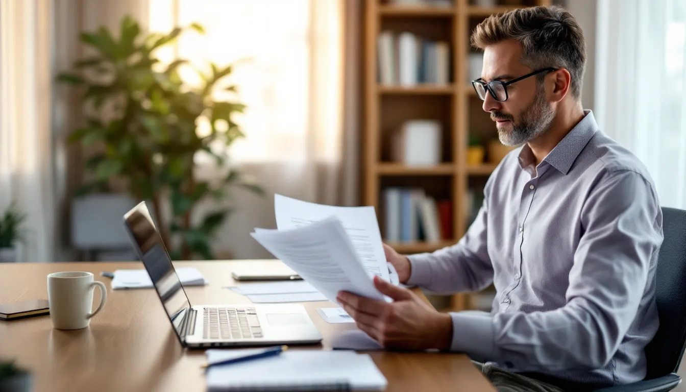 A person is calmly reviewing financial planning documents in a serene environment, emphasizing the importance of work-life balance and managing personal finances for a healthier lifestyle. This scene highlights the need to prioritize mental health and personal time amidst the responsibilities of a career.